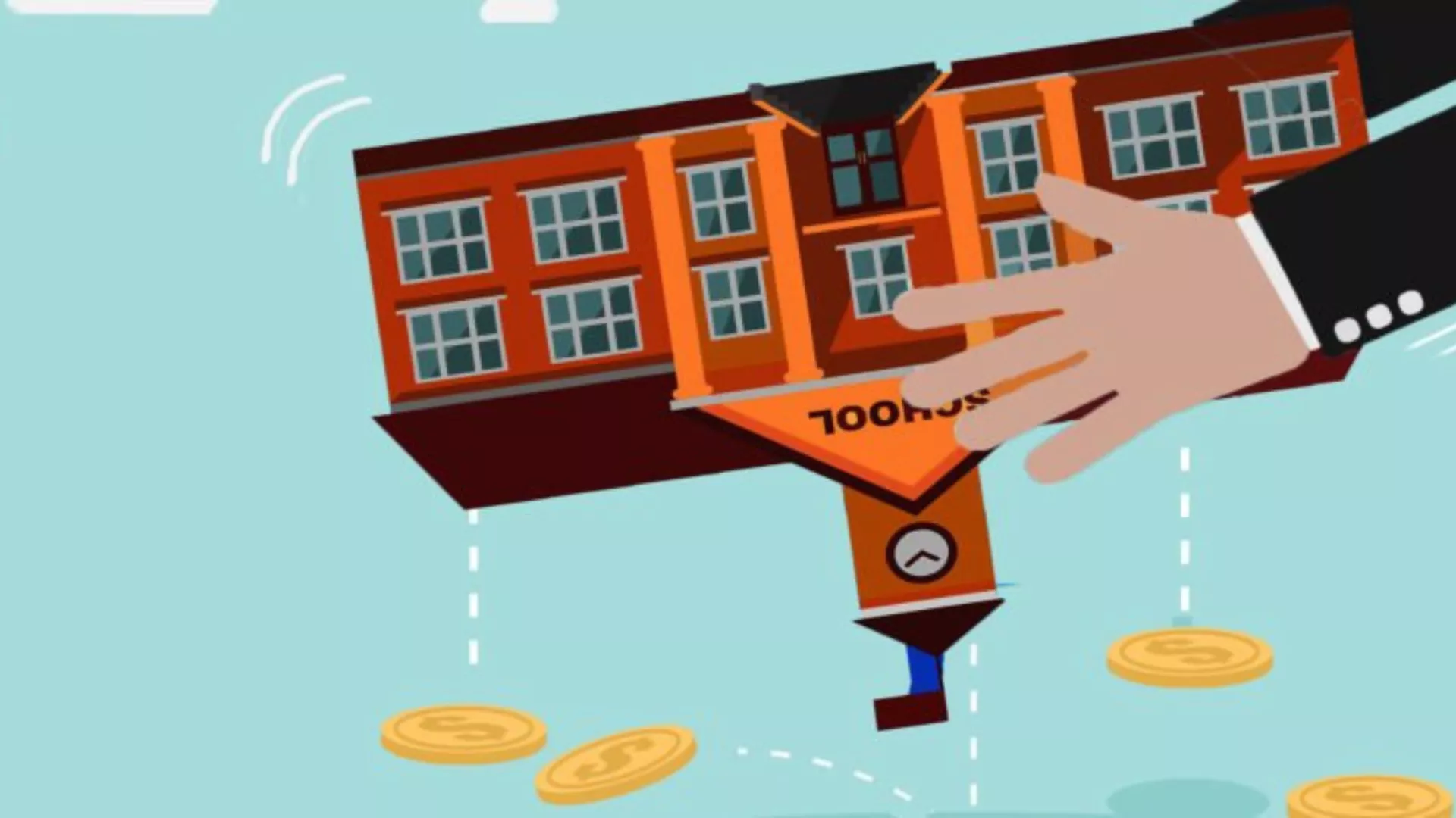 Illustration: A pair of hands in a business coat hold a public school building upside down and shake it like a piggy bank. Coins are falling out of the school.