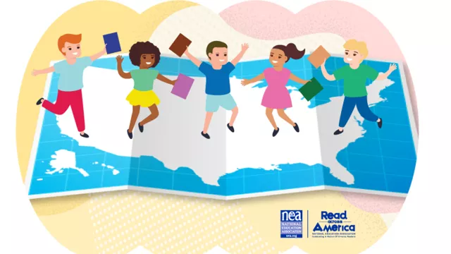 colorful graphic of Kids with books jumping on a map of the united states